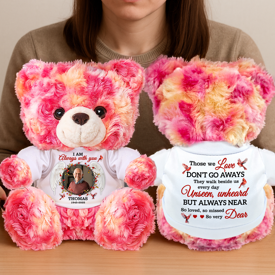Personalized memorial teddy bear plush with custom photo and name for remembrance.