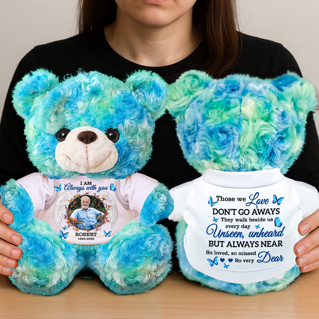 Personalized memorial teddy bear plush with custom photo and name for remembrance.