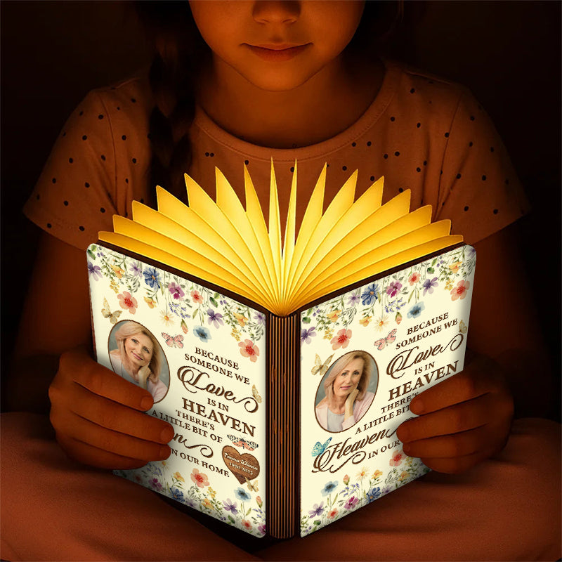 Personalized Memorial Book Lamp: "Someone We Love is in Heaven" design. A thoughtful remembrance gift.