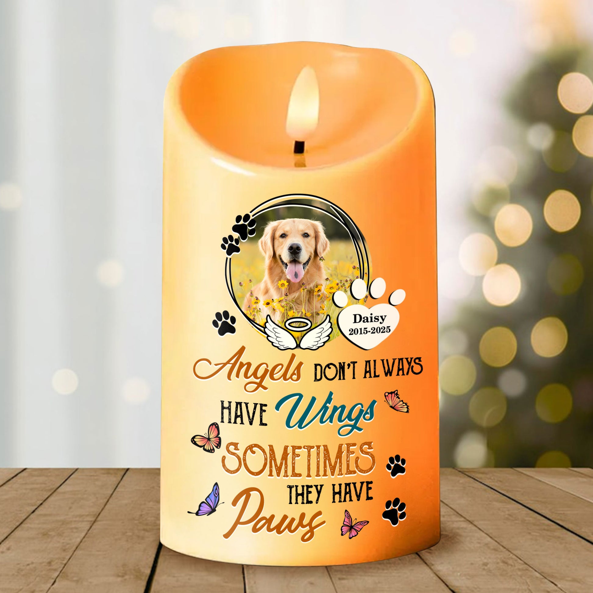 Personalized photo LED candle with pet angel wings design.