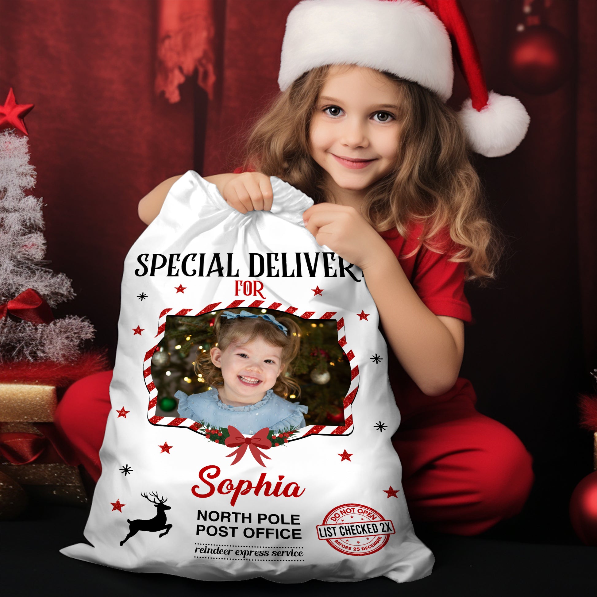 Custom Photo Christmas Bag - A personalized Santa sack featuring a family photo, perfect for holiday gifts.