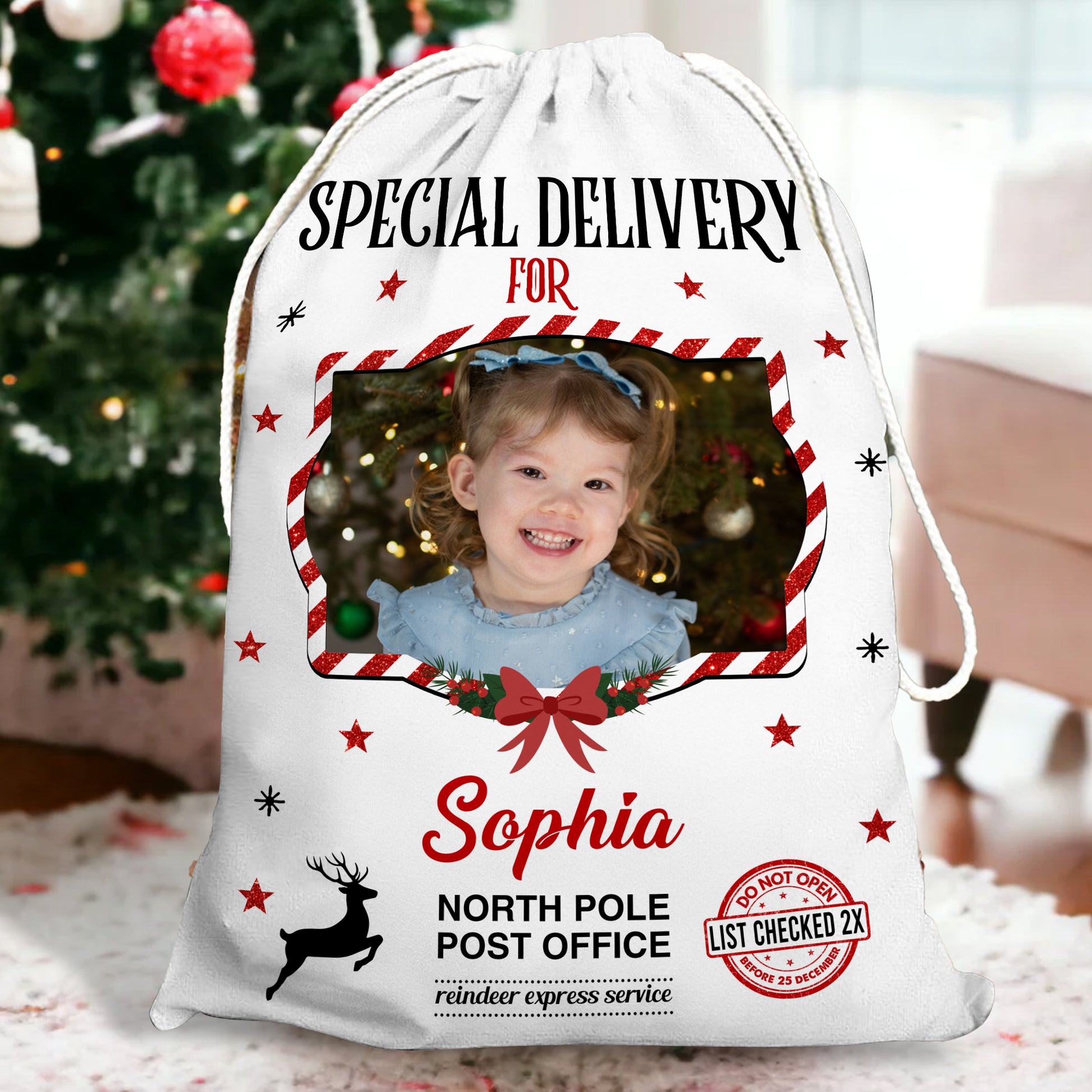 Custom Photo Christmas Bag - A personalized Santa sack featuring a family photo, perfect for holiday gifts.