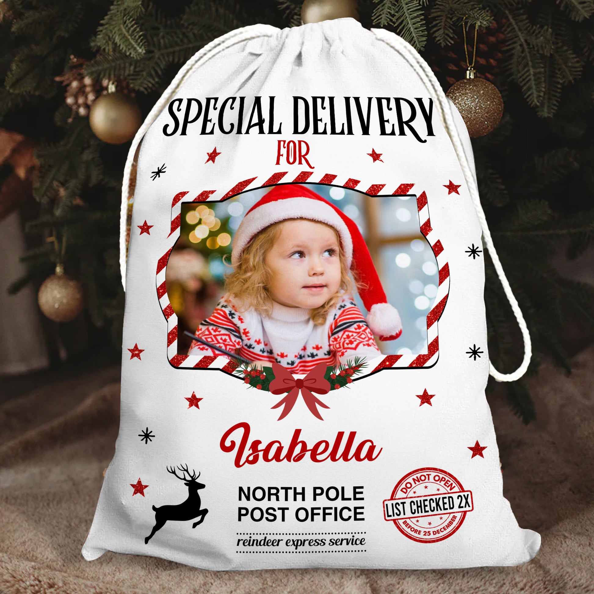 Custom Photo Christmas Bag - A personalized Santa sack featuring a family photo, perfect for holiday gifts.