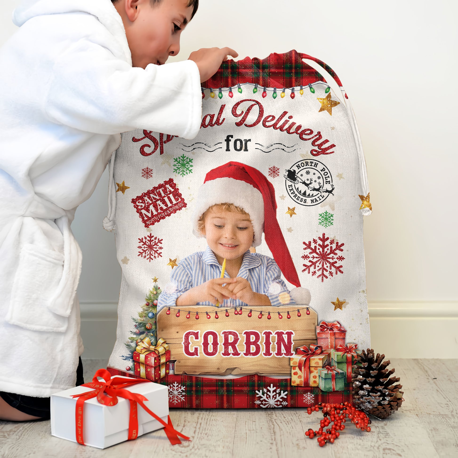 Custom Christmas photo bag with family pictures, a unique holiday gift sack.