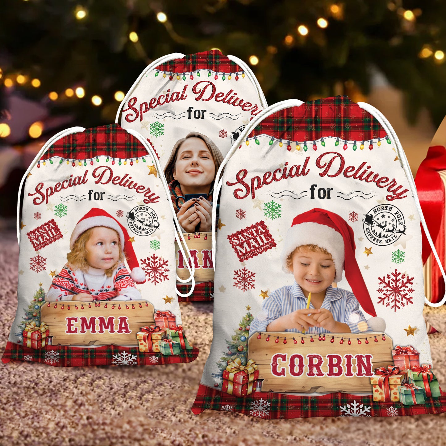 Custom Christmas photo bag with family pictures, a unique holiday gift sack.