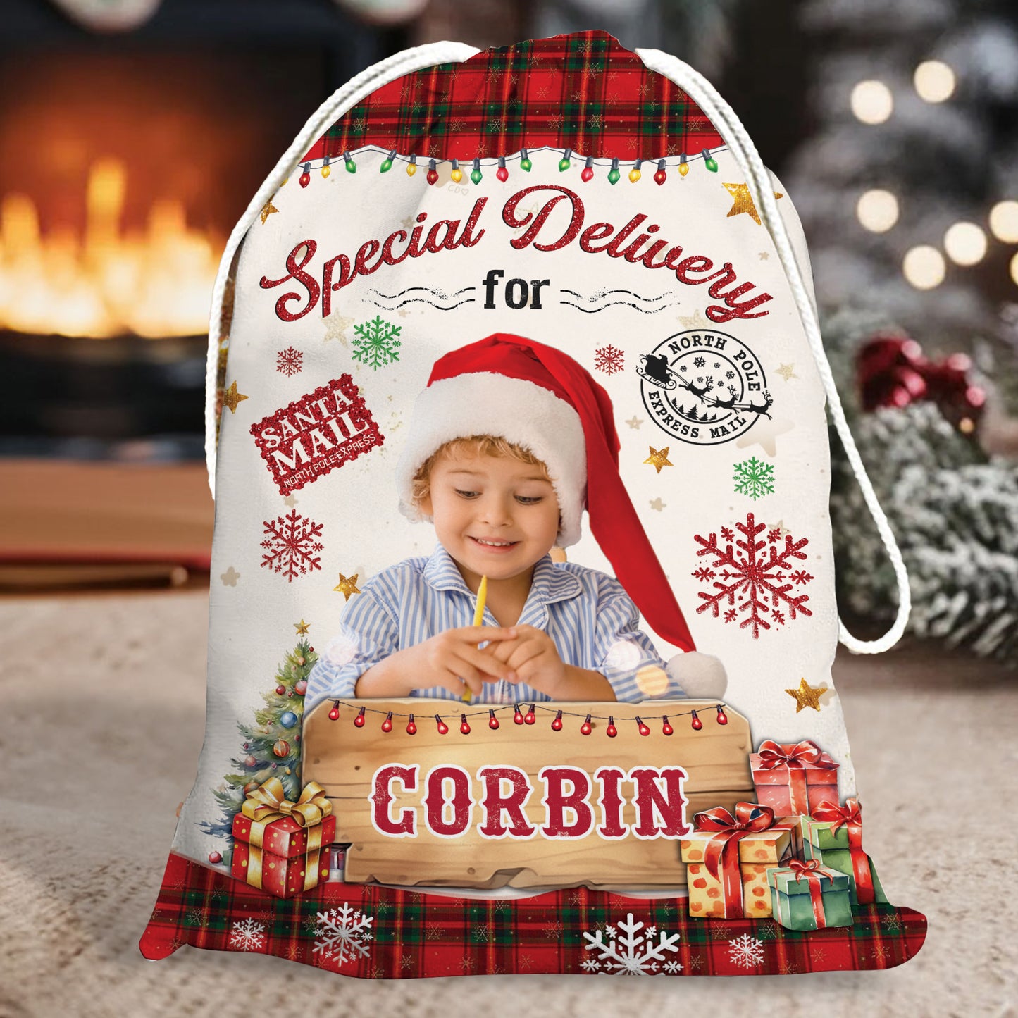 Custom Christmas photo bag with family pictures, a unique holiday gift sack.