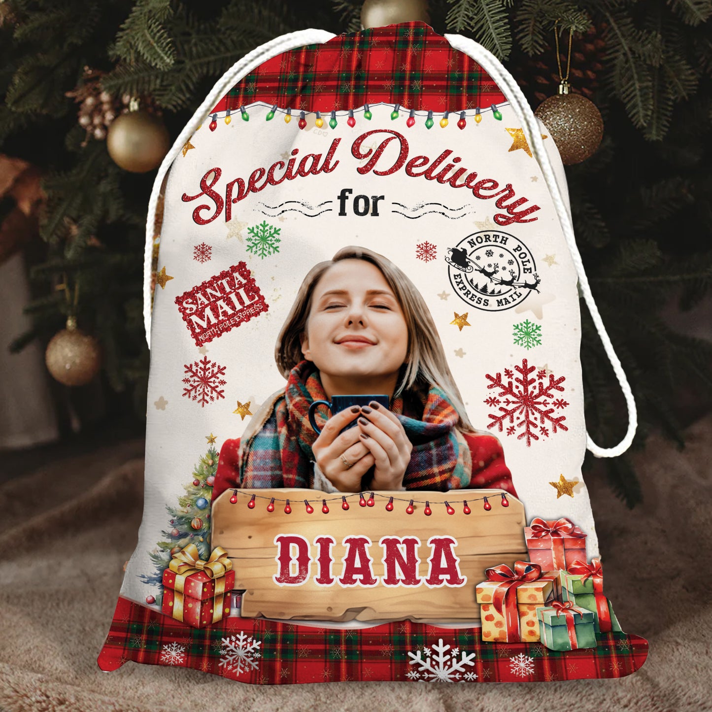 Custom Christmas photo bag with family pictures, a unique holiday gift sack.