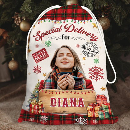 Custom Christmas photo bag with family pictures, a unique holiday gift sack.
