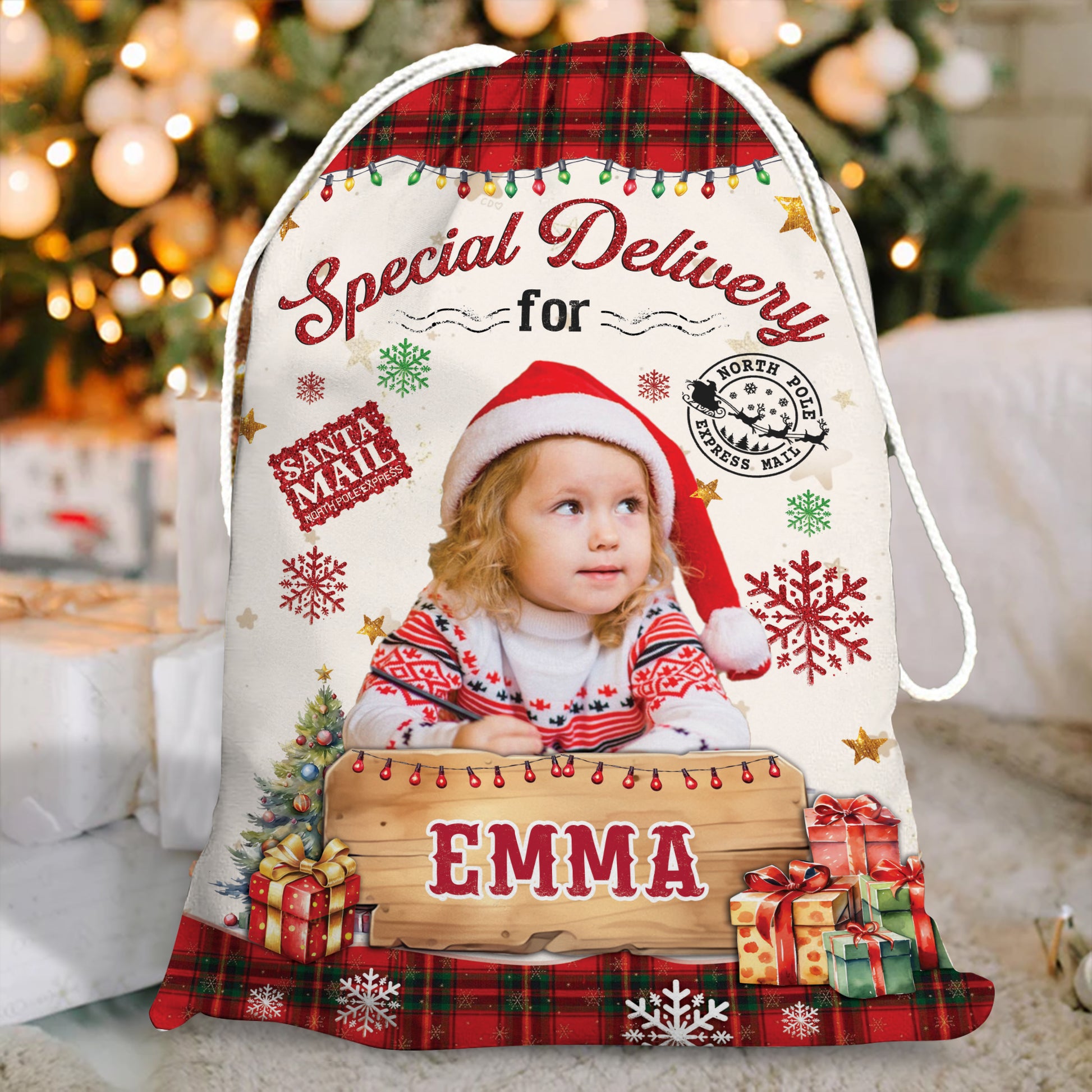 Custom Christmas photo bag with family pictures, a unique holiday gift sack.