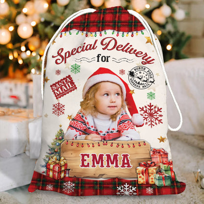 Custom Christmas photo bag with family pictures, a unique holiday gift sack.