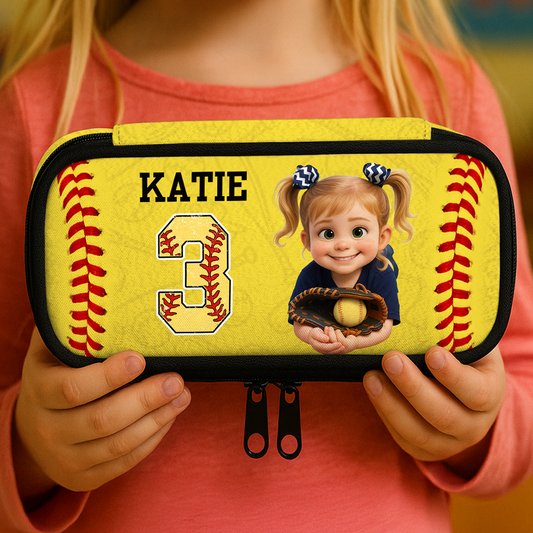 Colorful personalized pencil case for kids with a sports design.