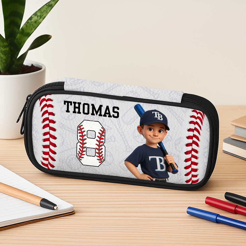 Colorful personalized pencil case for kids with a sports design.
