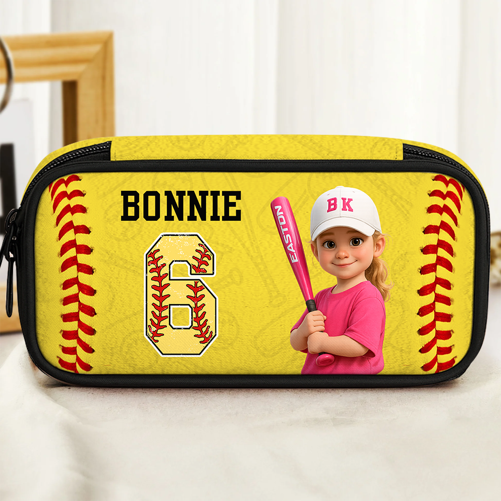 Colorful personalized pencil case for kids with a sports design.