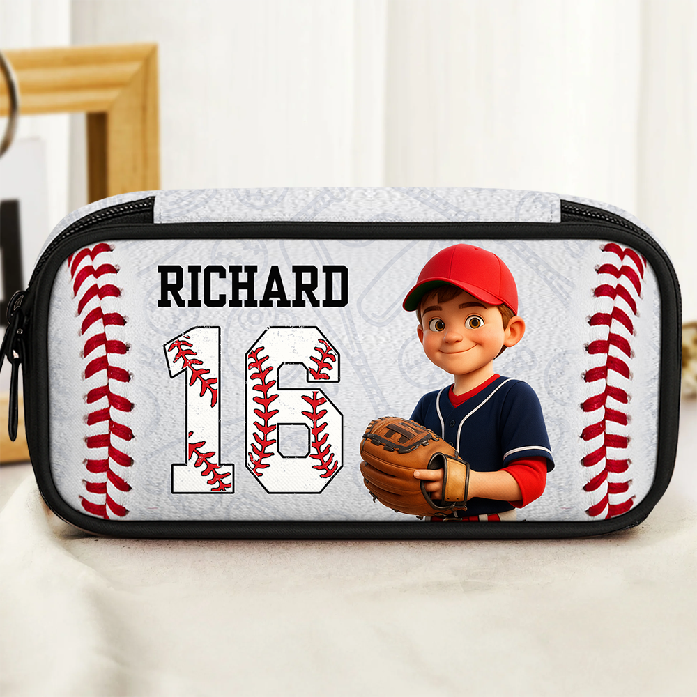 Colorful personalized pencil case for kids with a sports design.