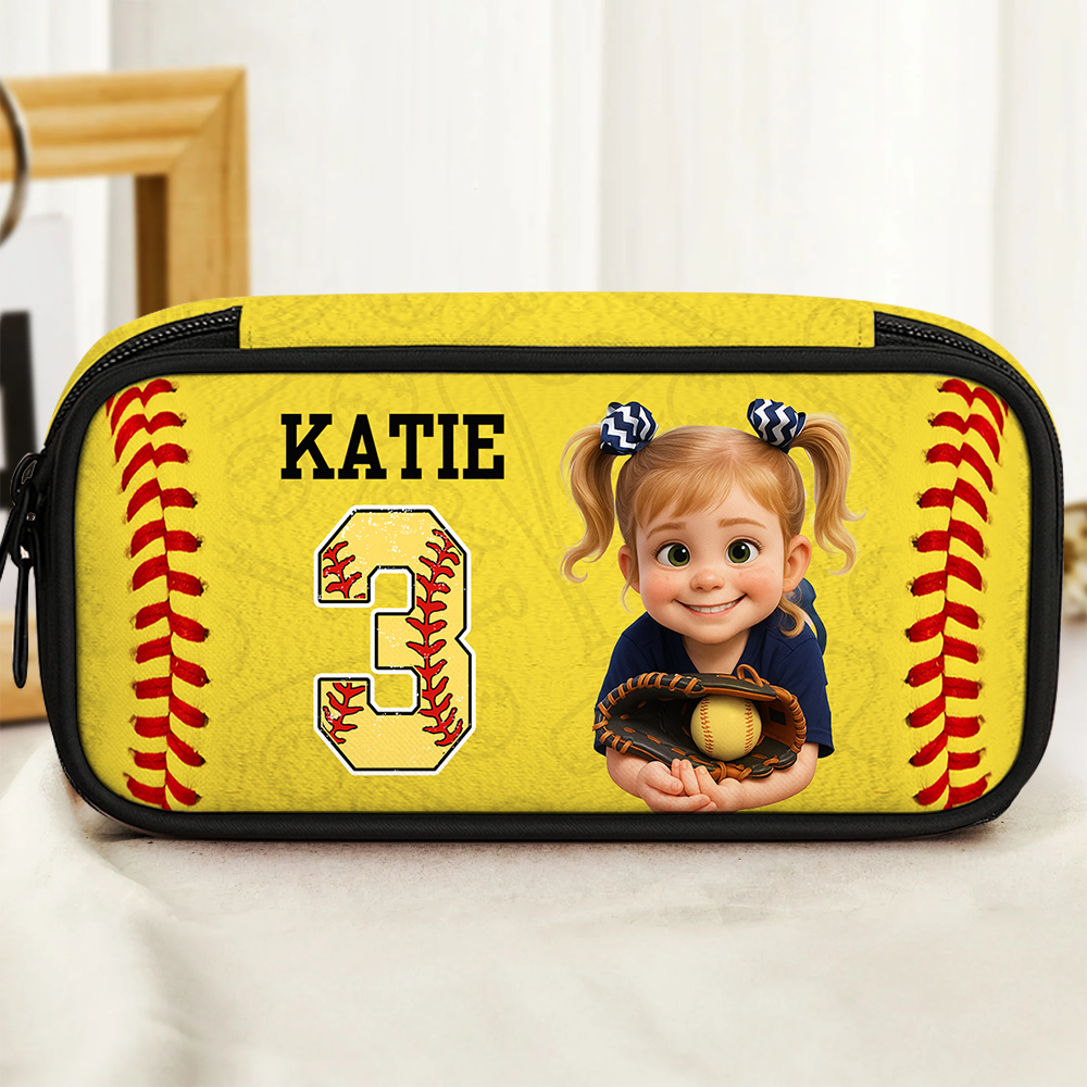 Colorful personalized pencil case for kids with a sports design.