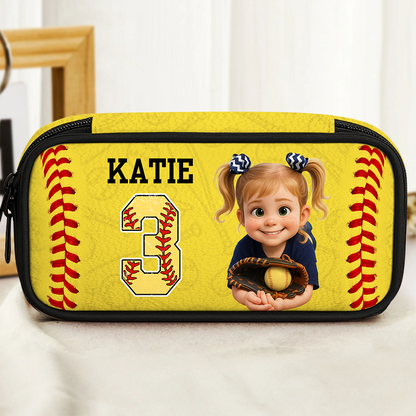 Colorful personalized pencil case for kids with a sports design.