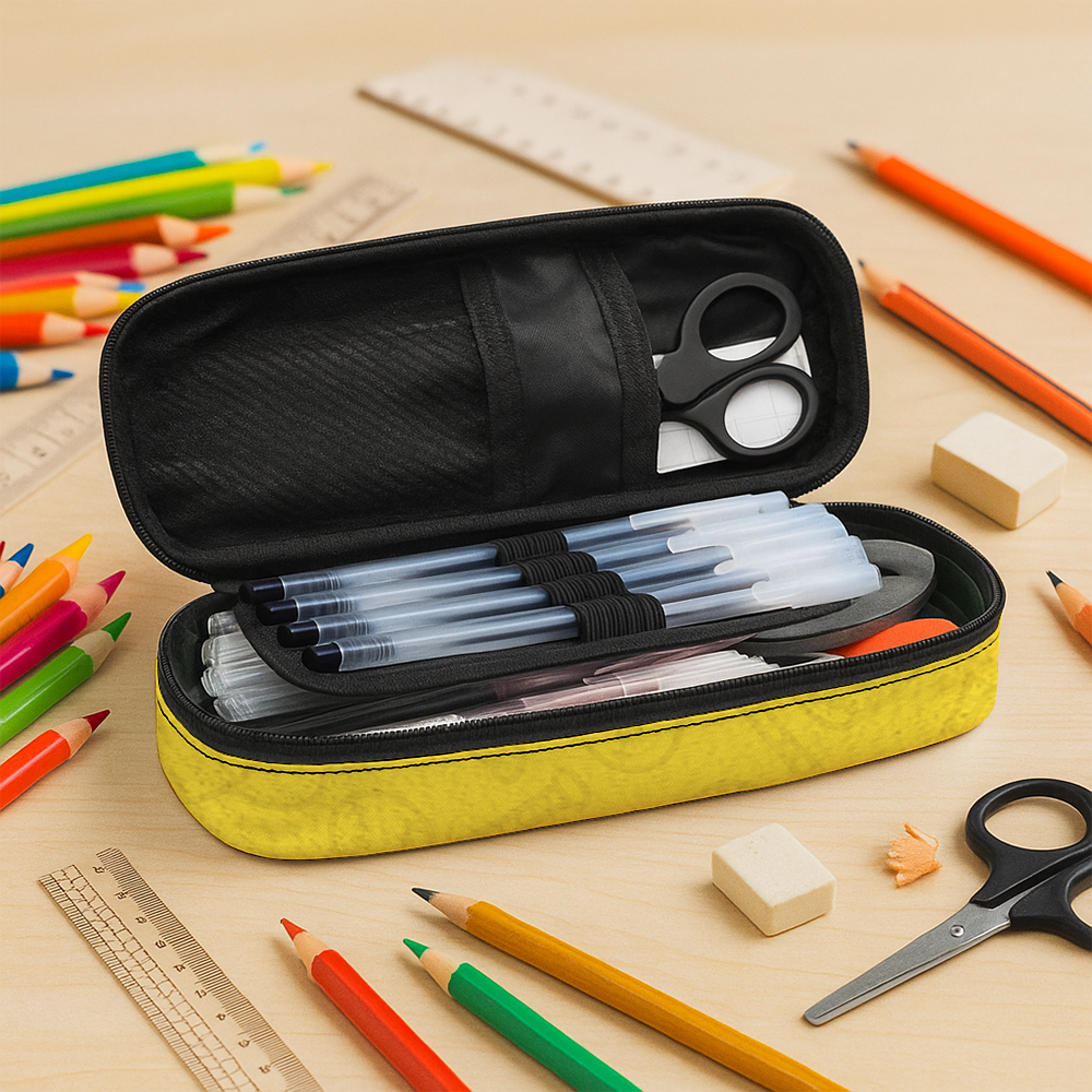 Colorful personalized pencil case for kids with a sports design.