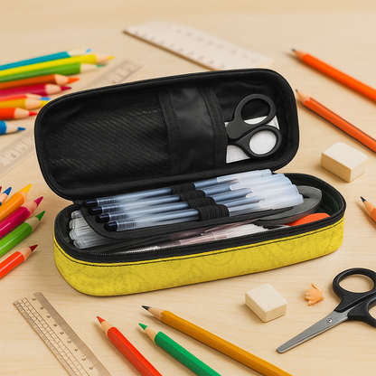 Colorful personalized pencil case for kids with a sports design.