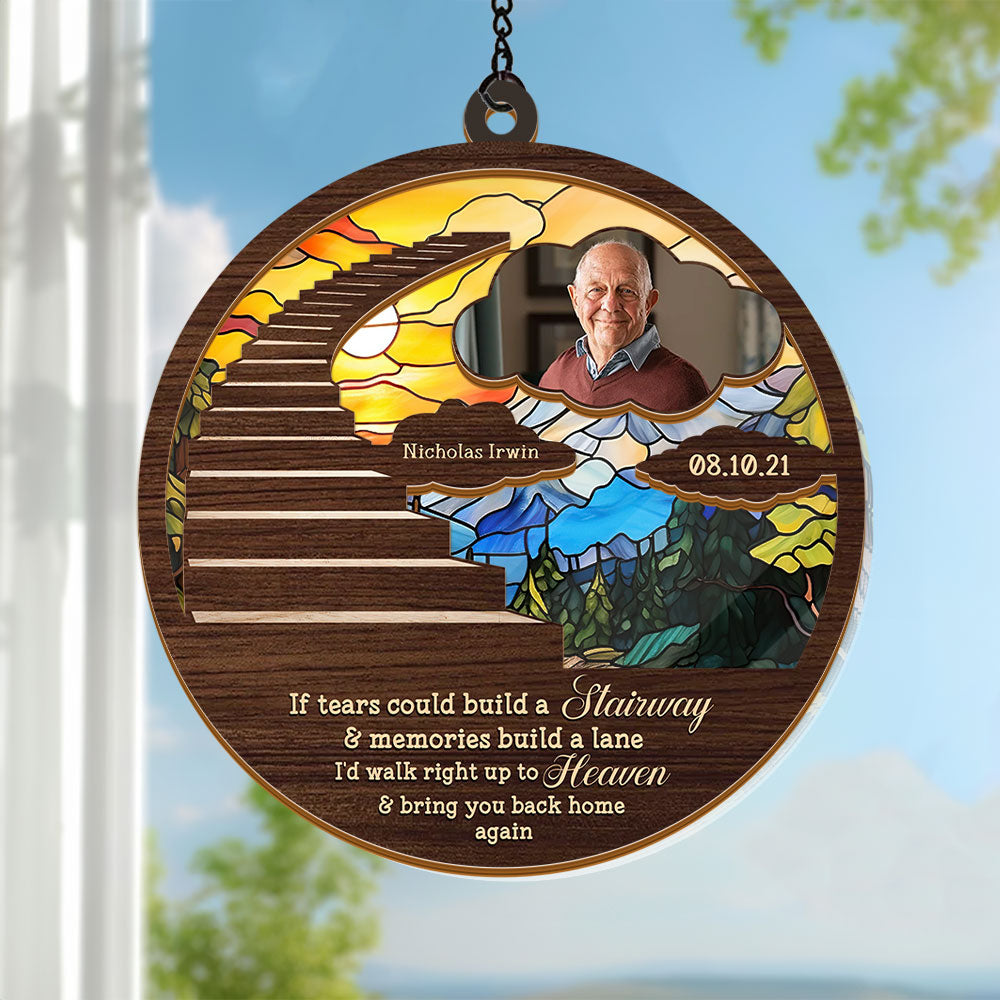 Stairway to Heaven personalized suncatcher ornament hanging in a window, casting colorful light.