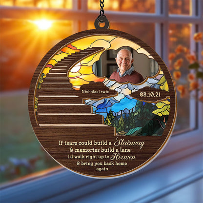 Stairway to Heaven personalized suncatcher ornament hanging in a window, casting colorful light.
