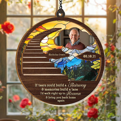 Stairway to Heaven personalized suncatcher ornament hanging in a window, casting colorful light.