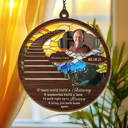 Stairway to Heaven personalized suncatcher ornament hanging in a window, casting colorful light.