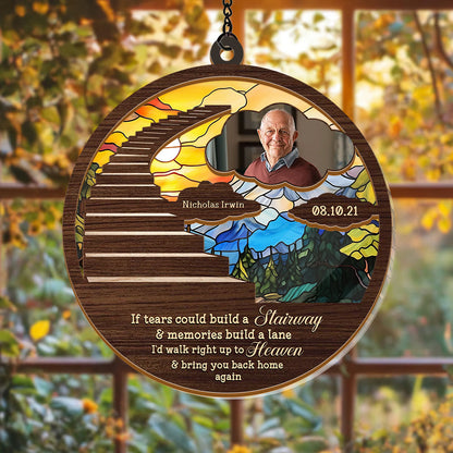 Stairway to Heaven personalized suncatcher ornament hanging in a window, casting colorful light.