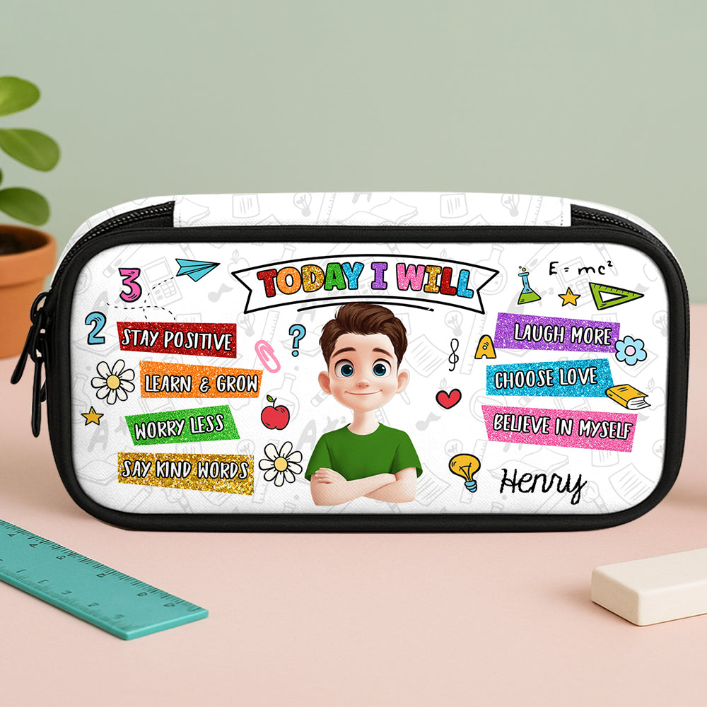 Stay Positive Learn and Grow personalized pencil case with colorful design.