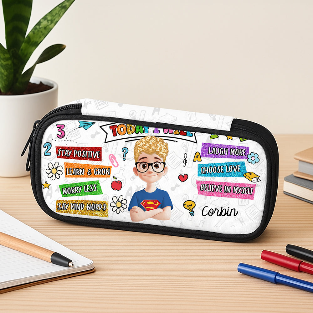 Stay Positive Learn and Grow personalized pencil case with colorful design.