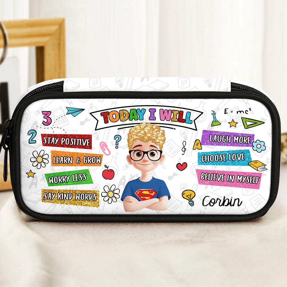 Stay Positive Learn and Grow personalized pencil case with colorful design.