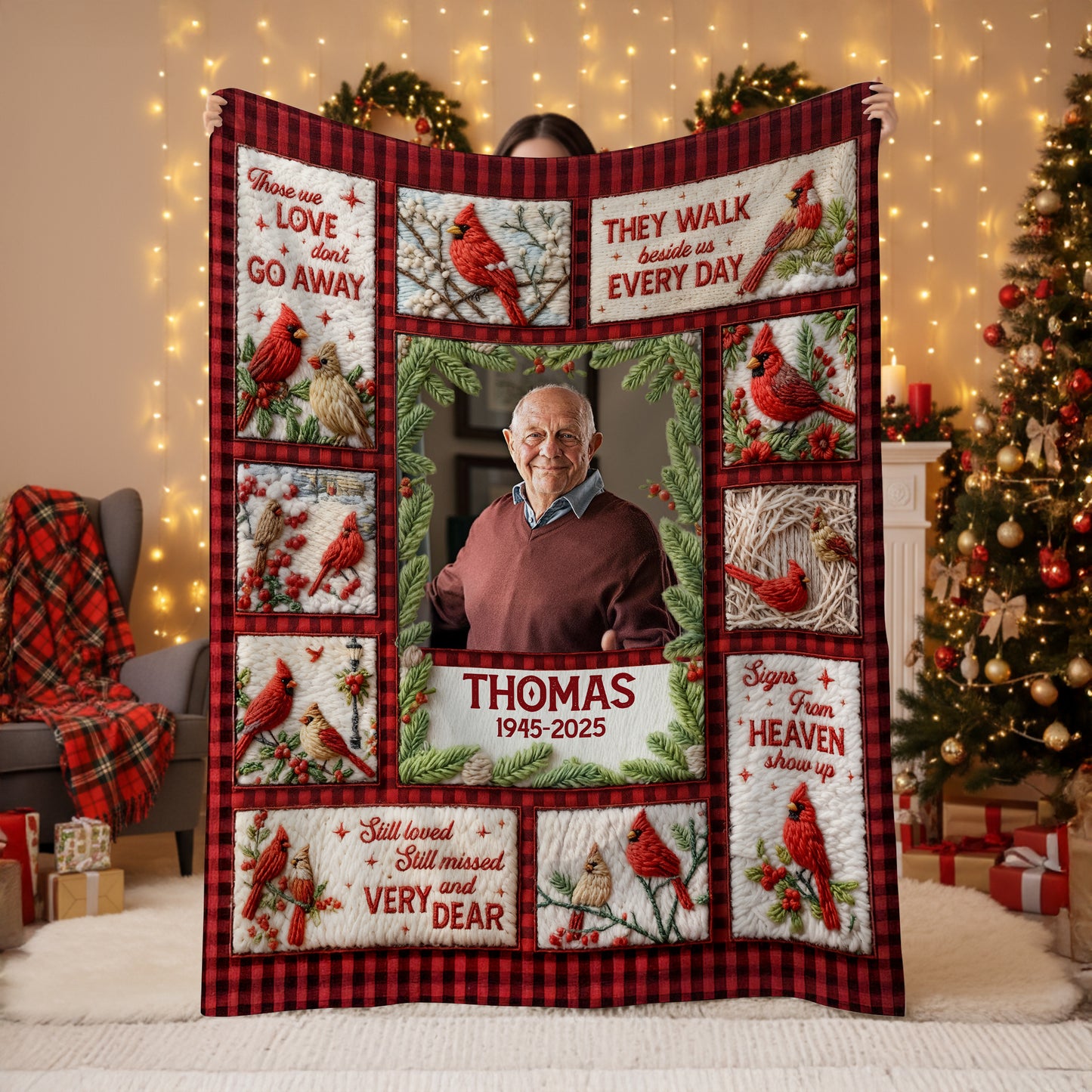 Personalized "Still Loved, Still Missed" memorial crochet yarn blanket.