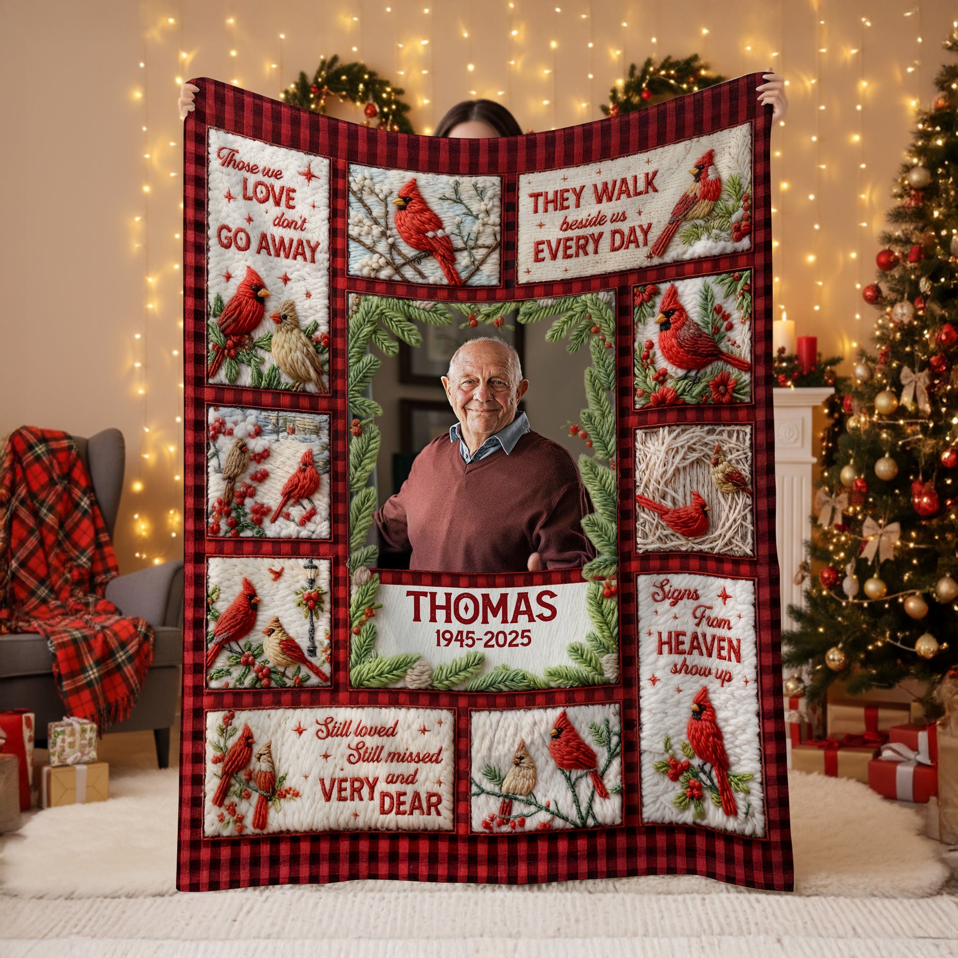 Personalized "Still Loved, Still Missed" memorial crochet yarn blanket.