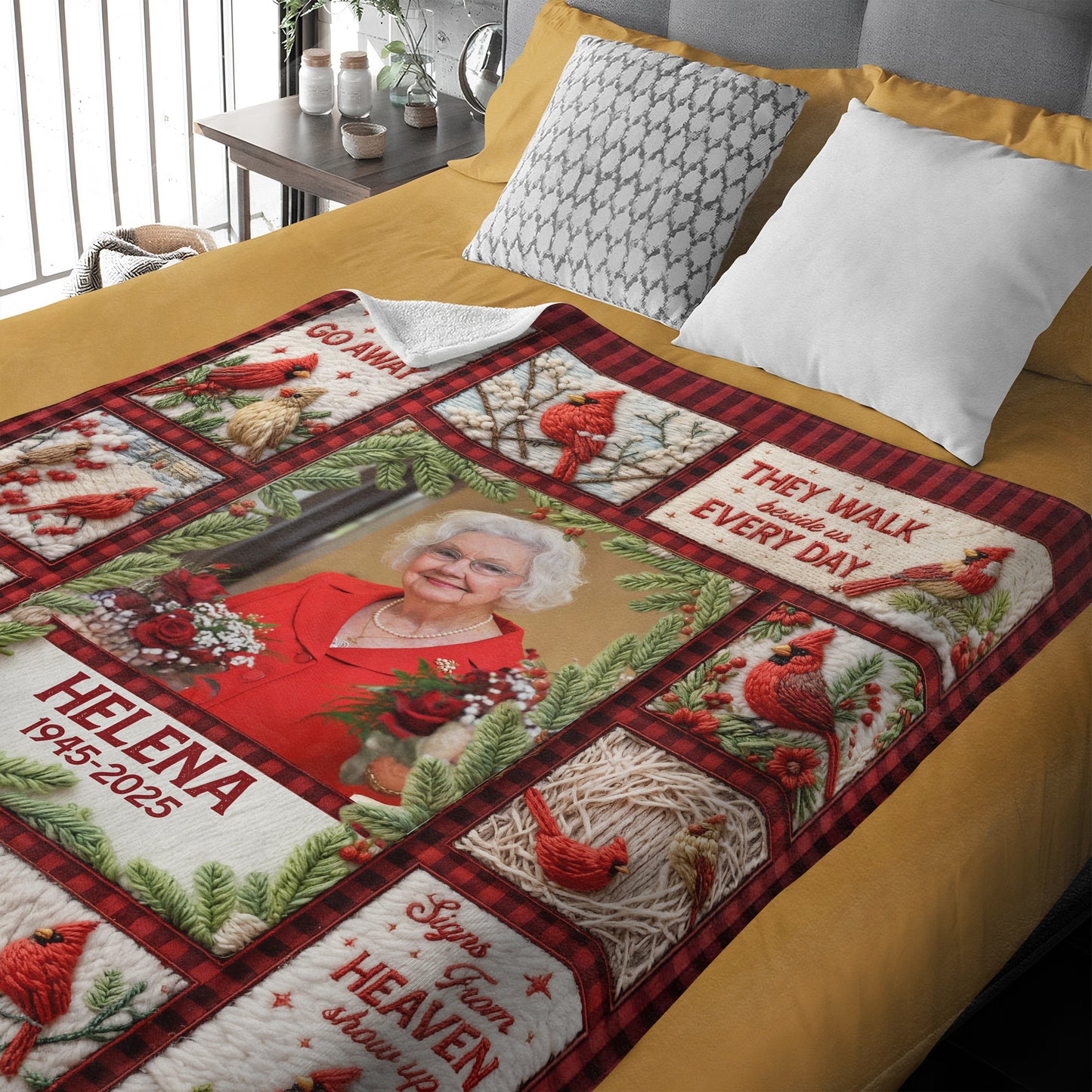 Personalized "Still Loved, Still Missed" memorial crochet yarn blanket.