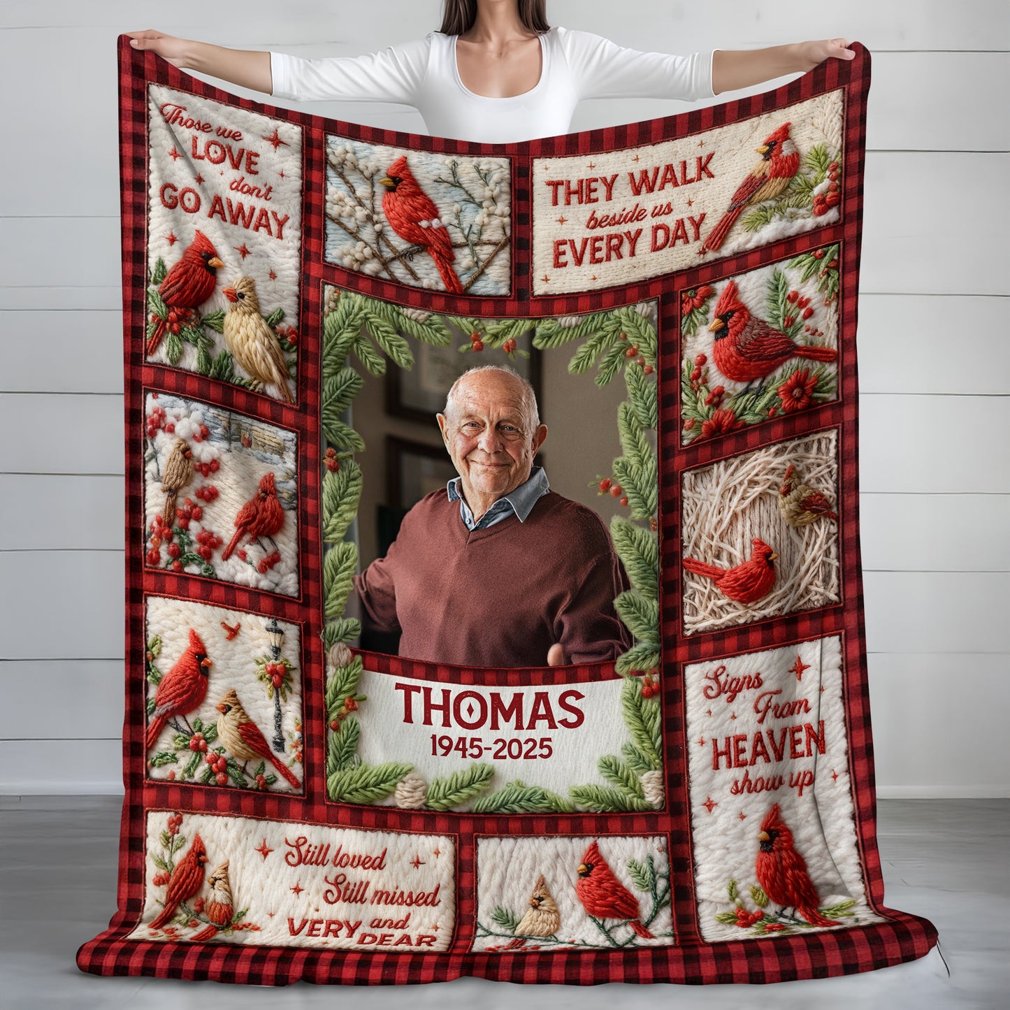 Personalized "Still Loved, Still Missed" memorial crochet yarn blanket.