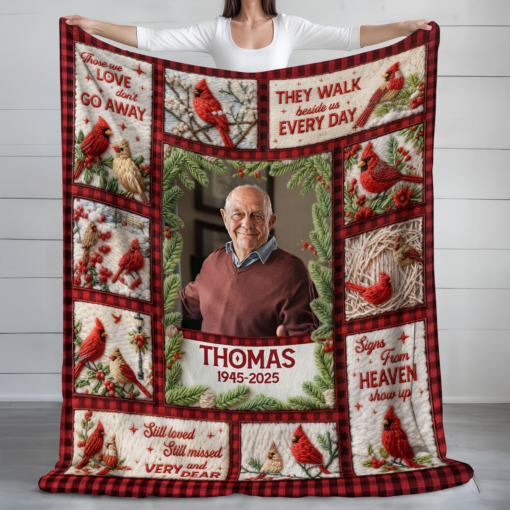 Personalized "Still Loved, Still Missed" memorial crochet yarn blanket.