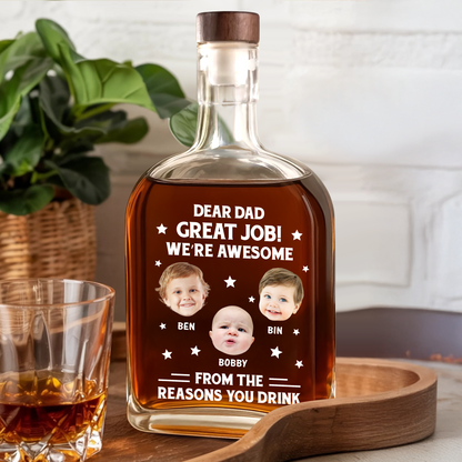 Personalized "Thank You Dad" whiskey bottle gift with custom family name engraving.