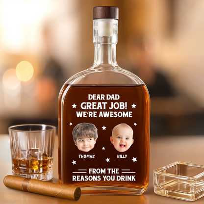Personalized "Thank You Dad" whiskey bottle gift with custom family name engraving.