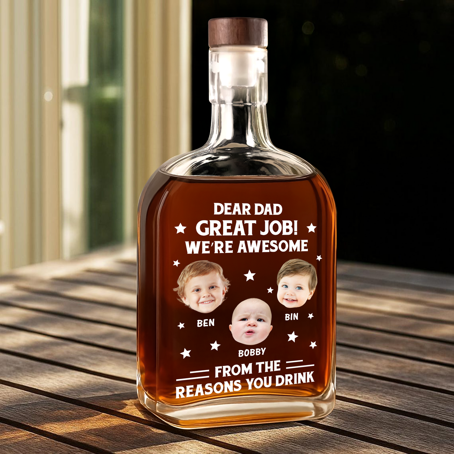 Personalized "Thank You Dad" whiskey bottle gift with custom family name engraving.