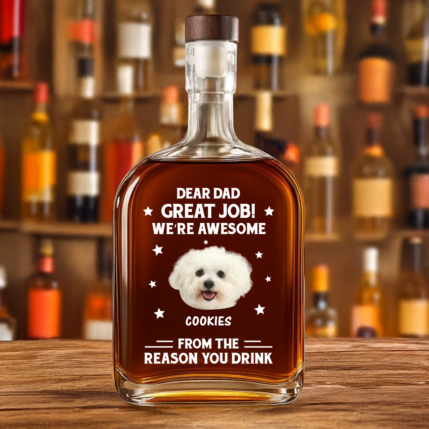 Personalized "Thank You Dad" whiskey bottle gift with custom family name engraving.