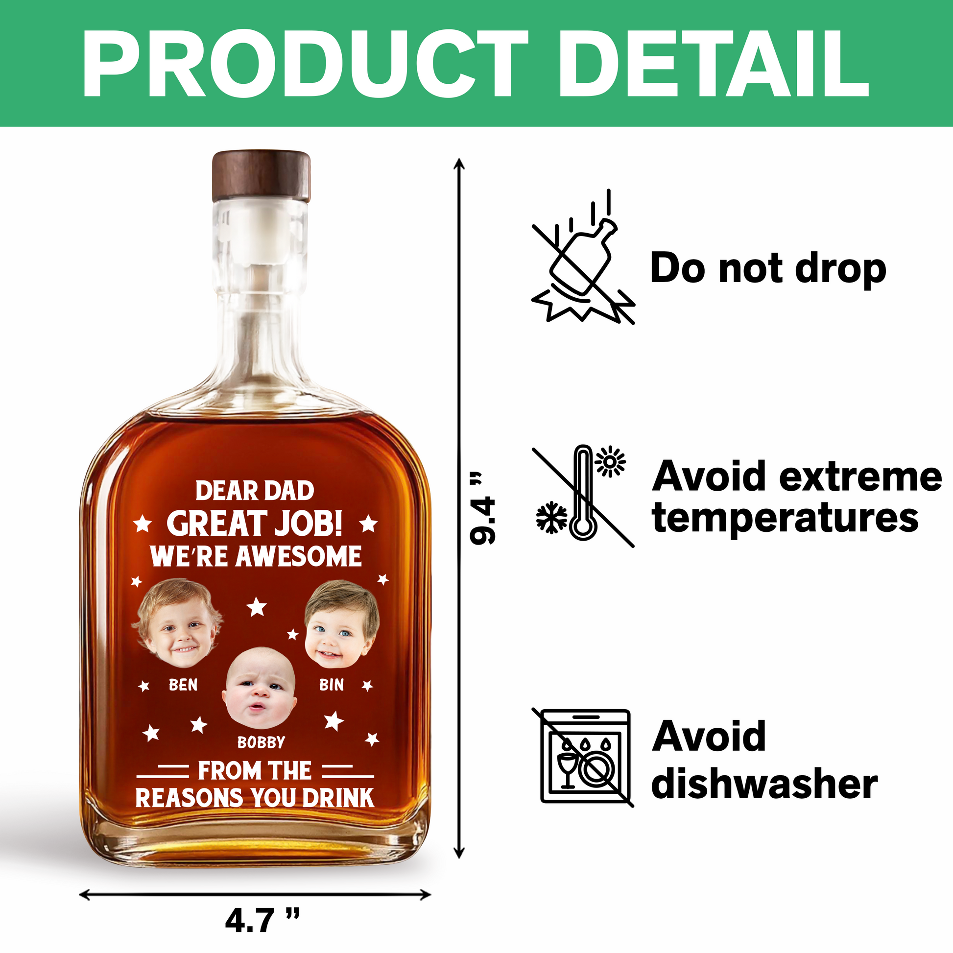 Personalized "Thank You Dad" whiskey bottle gift with custom family name engraving.