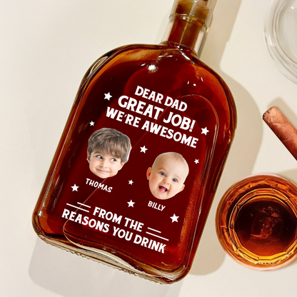 Personalized "Thank You Dad" whiskey bottle gift with custom family name engraving.