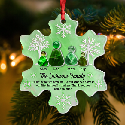 Personalized sea glass ornament with "Thank You For Being In Mine" message on layered acrylic.