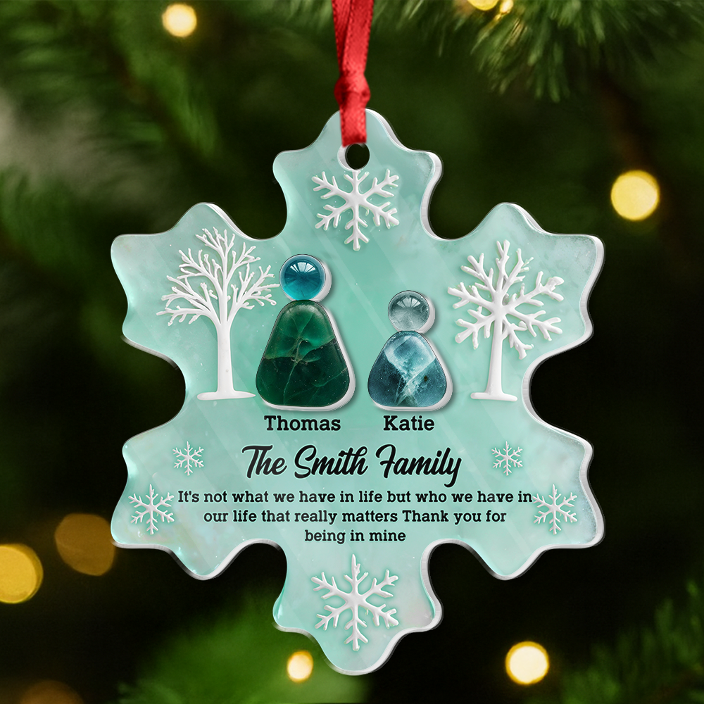 Personalized sea glass ornament with "Thank You For Being In Mine" message on layered acrylic.