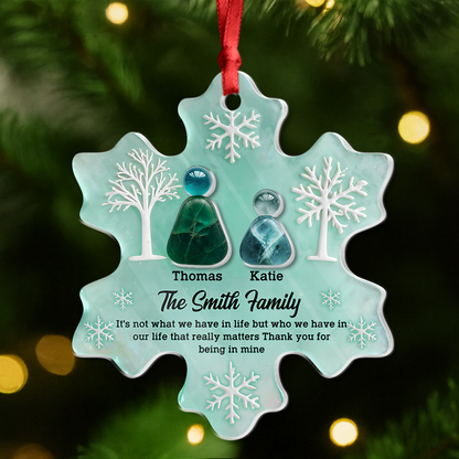 Personalized sea glass ornament with "Thank You For Being In Mine" message on layered acrylic.