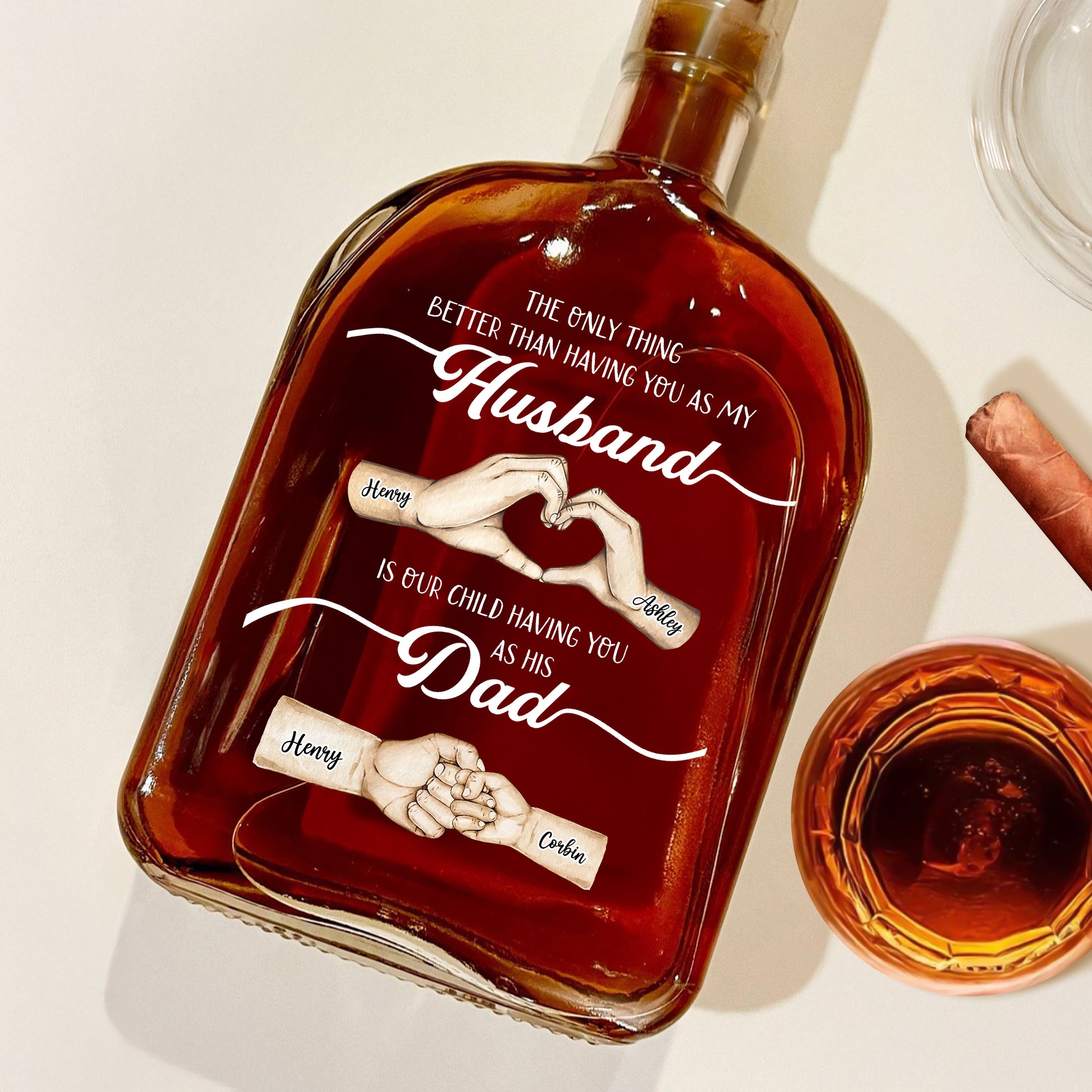 Personalized whiskey bottle with family name and "The Best Things Our Family" engraving.