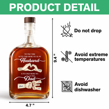 Personalized whiskey bottle with family name and "The Best Things Our Family" engraving.