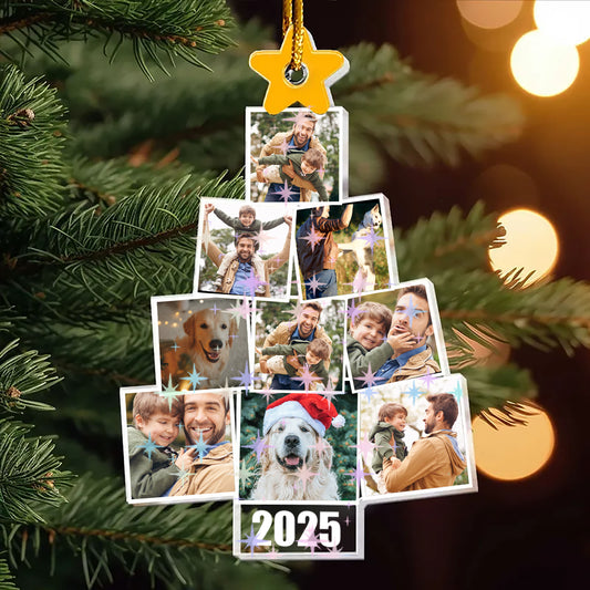 Custom family photo hologram Christmas ornament shaped like The Christmas Times newspaper.
