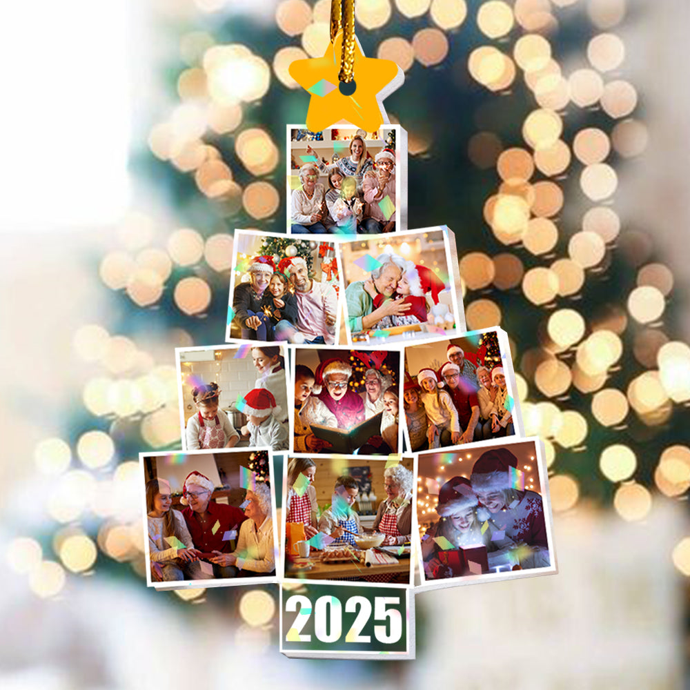 Custom family photo hologram Christmas ornament shaped like The Christmas Times newspaper.