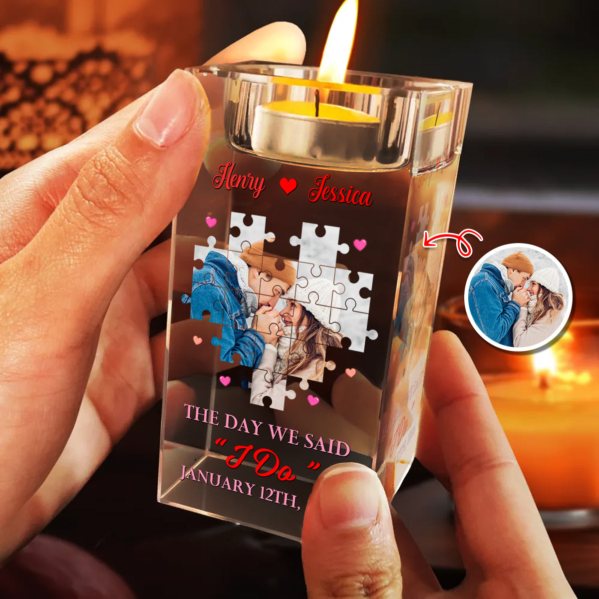 Personalized crystal candle holder, engraved with "The Day I Found My Missing Piece."