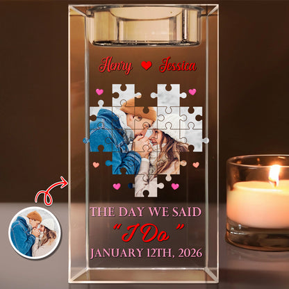 Personalized crystal candle holder, engraved with "The Day I Found My Missing Piece."